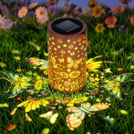 Qoosea Solar Lantern Outdoor Lantern Decor: Butterfly & Flower Painted Iron Solar Lantern with Warm Light Projection for Yard Garden Patio Outdoor Decorations