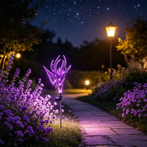 Solar Lavender Ground Stake Light, Outdoor Simulation Flower Garden Path Light, Waterproof Courtyard Lawn Decoration, Purple LED Blooms, Automatic Dusk To Dawn Operation, 27.6 Inch Tall Metal Pole