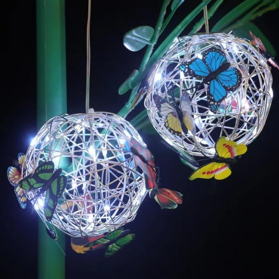 Solar Led Garden Lights Outdoor Waterproof, Round Ball Light with Butterfly, Solar Powered Globe Lighting, Hanging Globe Solar Lights for Garden, Yard, Patio, Lawn, Flower Bed, White Light