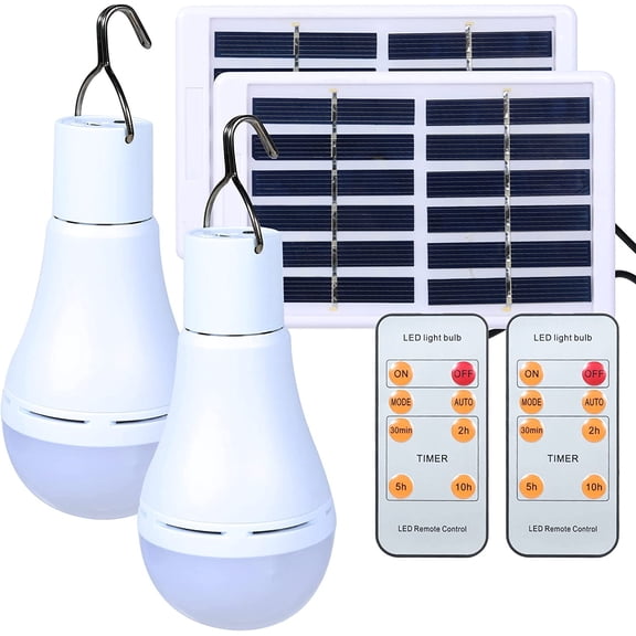 Solar Light Bulbs Rechargeable with Remote Timer, 4 Modes Solar Powered Lantern for Indoor&Outdoor Chicken Coop Hurricane Emergency Lighting Hiking Camping (White, 300lm-2pack)