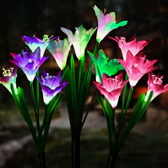 Solar Light Garden, 3 Pack Outdoor Solar Lights, Garden Lamp Lily Solar Lights with Larger Flower and Wider Solar Panel for Garden Decoration (White, Red & Purple)