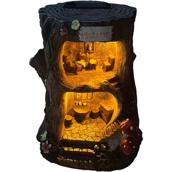 Solar Light Gnome Fairy Tree House Outdoor Statues, Big Size Elf Miniature Buildings Tree House Sculptures for Outdoor Garden Patio Lawn Path Decorations, 8" Tall