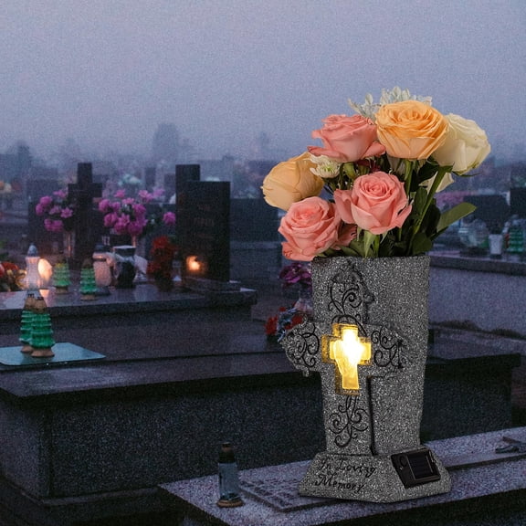 Solar Cemetery Cross Vase with LED Light 12.8" Memorial Flower Holder with Spikes, Waterproof Gravestone Decor for Grave Yard