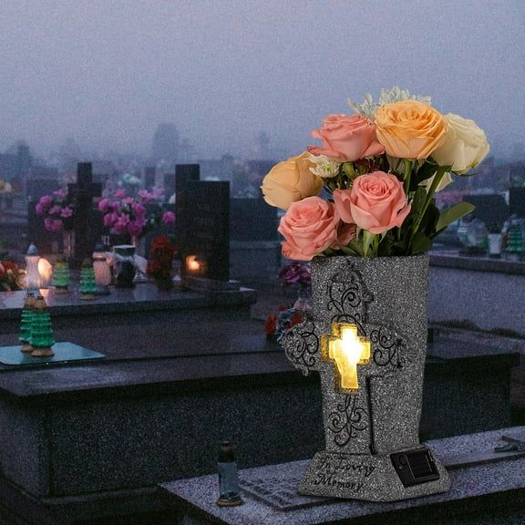 Solar Light Memorial Flower Vase Durable Grave Decor with LED Lighting & Stabilizing Spikes, Designed for Headstones Beautiful Tribute for Departed Loved Ones