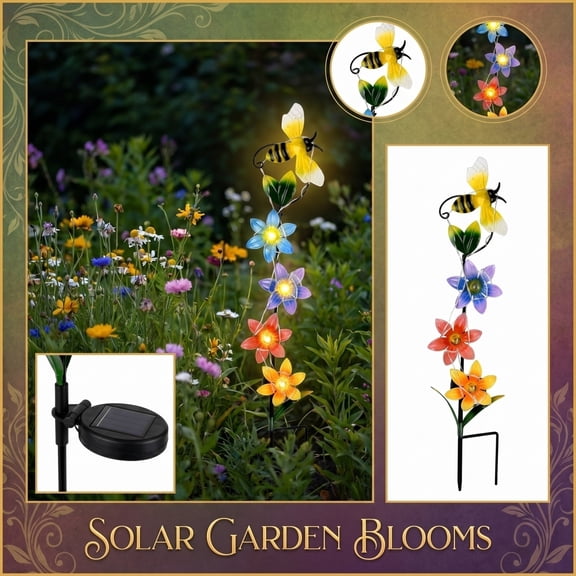 Solar Light Outdoor Garden Blooms Stake Metal Bee & Flower Decorative Landscape Lighting,Waterproof LED Yard Art for Path & Patio Decor