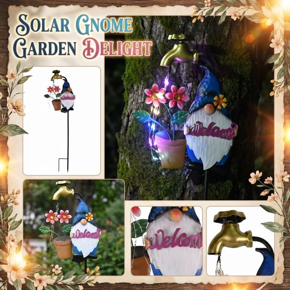 Solar Light Outdoor Gnome Garden Delight Stake – Welcome Sign Metal Figurine with Cascading Fairy Lights,Waterproof Yard Decoration & Garden Gift