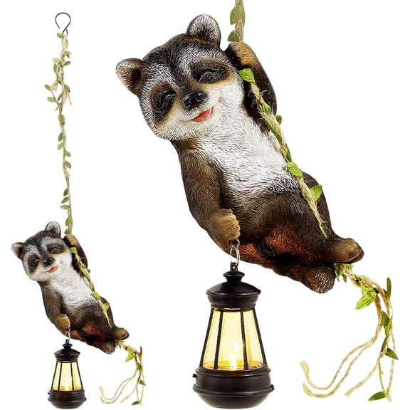 Solar Light Outdoor Statues, Raccoon Climbing On Vine Style | 1 Pack, 6.5"H Resin, 23.6"L Vine with LED Lantern, Waterproof Hanging Animal Figurine with Hook