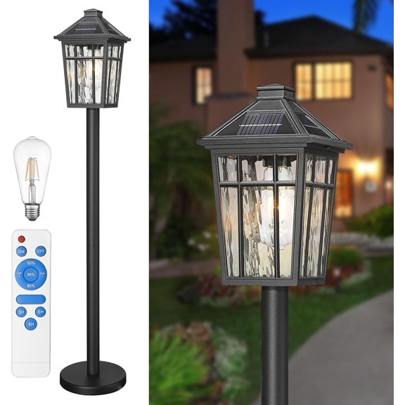Solar  Light Outside Floor Lamp with Remote Control,  Outdoor Solar Lighting with Water Ripple Glass Shade for Lawn Pool Garden