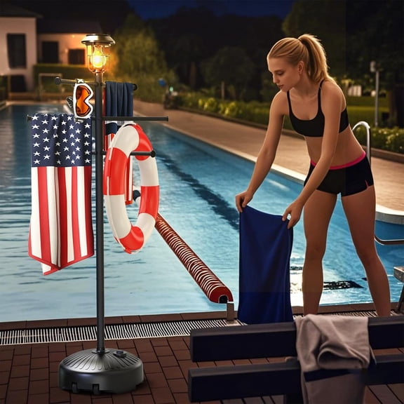 Solar Light Pool Towel Rack with Wheels 63" Tall Adjustable Outdoor Towel Rack for Patio, Bathroom, Hot Tub