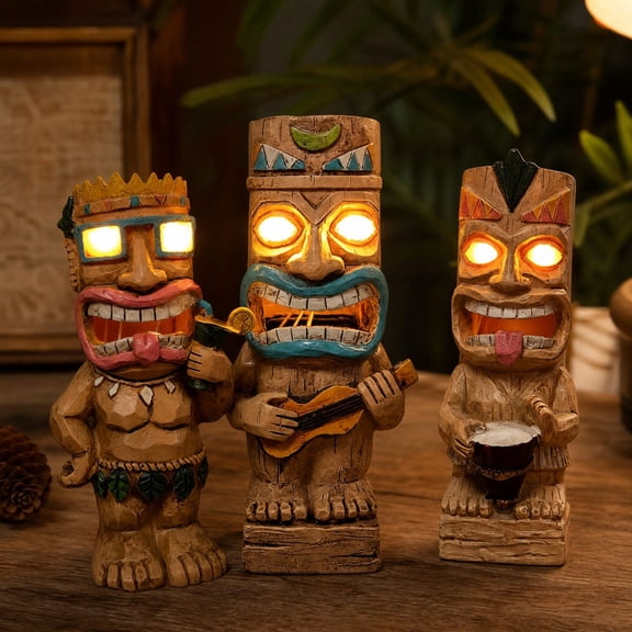Solar Light Up Tiki Garden Statue - LED Glowing Eyes Hawaiian Totem Pole, Waterproof Outdoor Figurine for Patio Lawn Yard