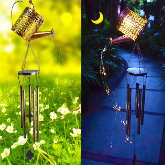 Solar Light Watering Can Wind Chimes For Outside With Warm Light,Weather-Resistant Metal Hanging Solar Wind Chimes for Outdoor Patio Porch Garden Decor Gift