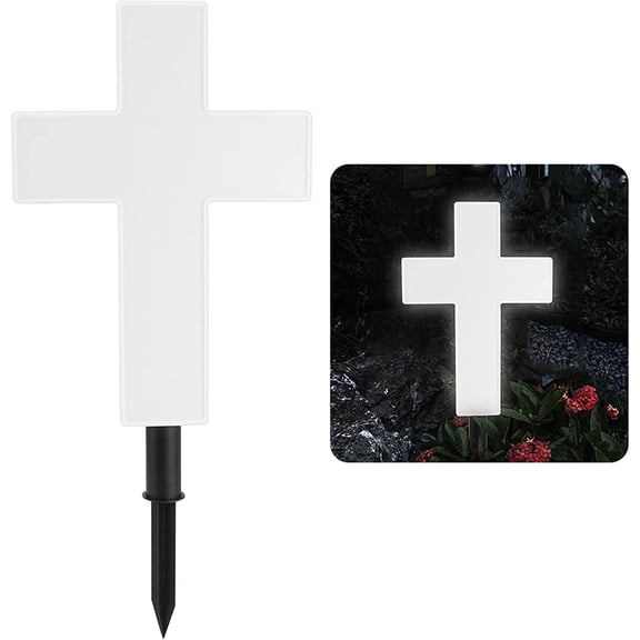 Solar Lighted Cross Grave Lighted White Garden Cross Stake Decor for Home Memorial Decoration,Outdoor Yard, Home, Patio(White)