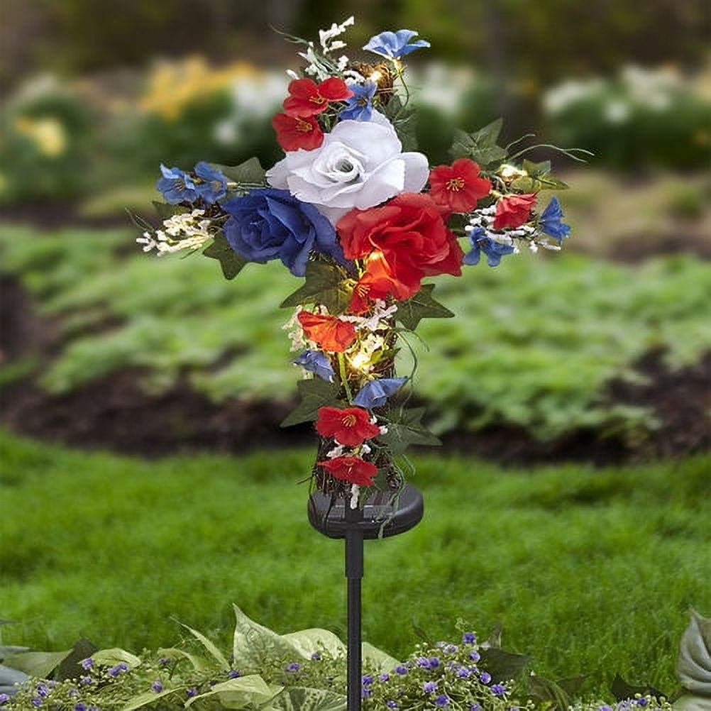 Solar Lighted Cross Stake Cemetery Flowers