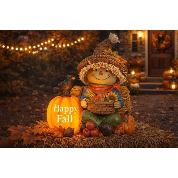 Solar Lighted Fall Scarecrow Decor Outdoor Fall Decorations Thanksgiving Ornament for Porch Garden Yard Patio Entryway Lighted Pumpkin Garden Statue