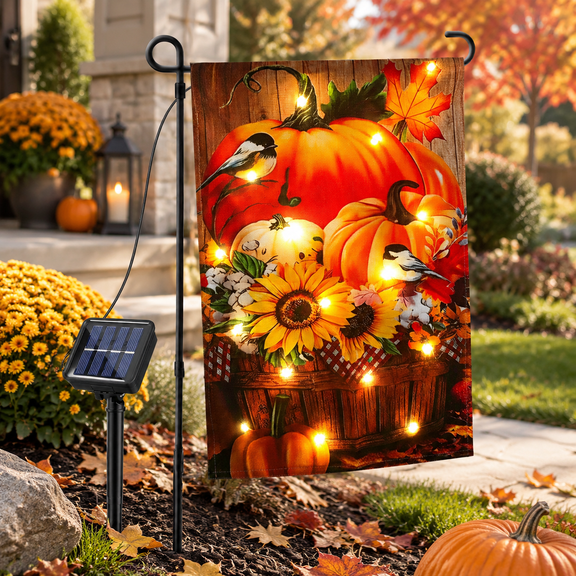 Solar Lighted Fall Thanksgiving Garden Flag with Pumpkin and Maple Leaf Pattern