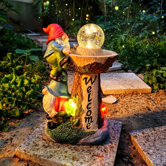 Solar Lighted Garden Gnome Fountain Statue Spring Decor, LED Santa Gnome Welcome Sculptures, Outdoor Solar Garden Decor for Patio Lawn Yard Balcony, Birthday Gift for Women Mom Grandma