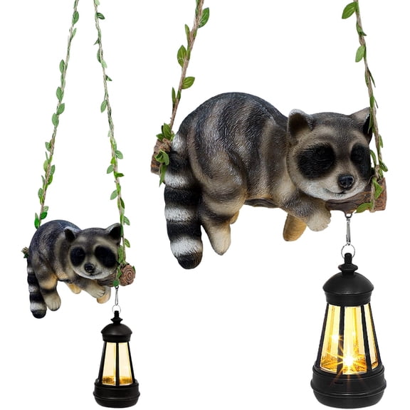 Solar Lighted Garden Outdoor Statue, Hanging Swing Raccoon Style