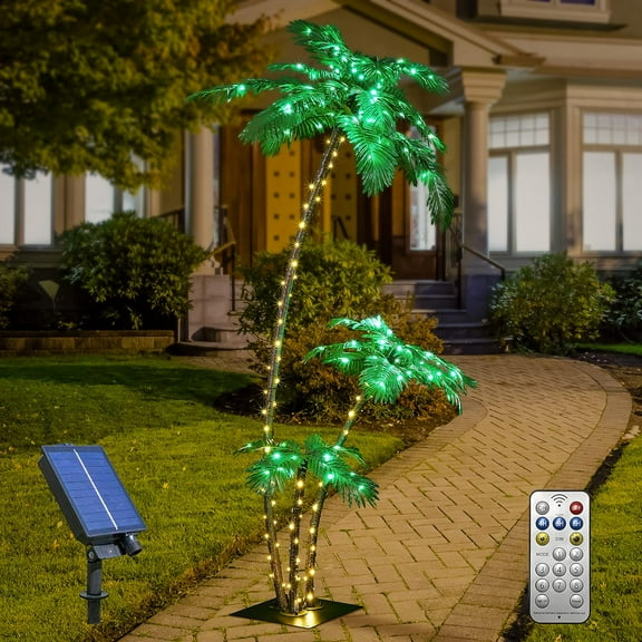 Solar Lighted Palm Tree 7FT 3FT 2FT Artificial Palm Tree Decor for Outdoor 218 LED Light up Fake Tree for Indoor Outside Patio Hawaiian Tiki Bar Decoration, Green