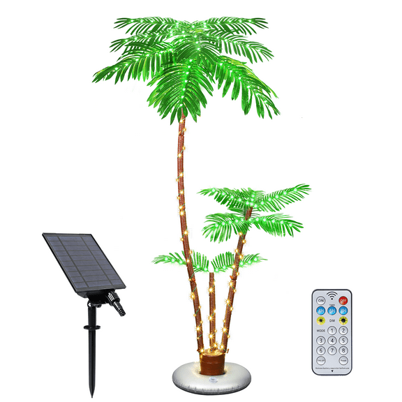 Solar Palm Tree Light 6' Outdoor Artificial with 3 Trunks LED Lighted and Remote for Christmas, for Patio Bar Home Party Yard Pool Porch Deck, Tropical Decor