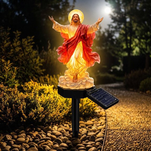 Solar Lighted Sacred Figure Garden Stake Light, Hand-Painted Resin Religious Statue Landscape Lamp, Waterproof Warm LED Outdoor Pathway Light for Lawn, Courtyard, Church, Faith Home Decor Gift