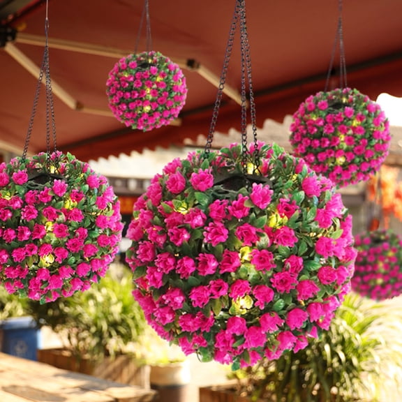 Solar Lighted Topiary Flower Ball, 8.66" LED Hanging Ball Lamp with Chain Artificial Flower Decor for Outdoor Garden Wedding Seasonal Lighting