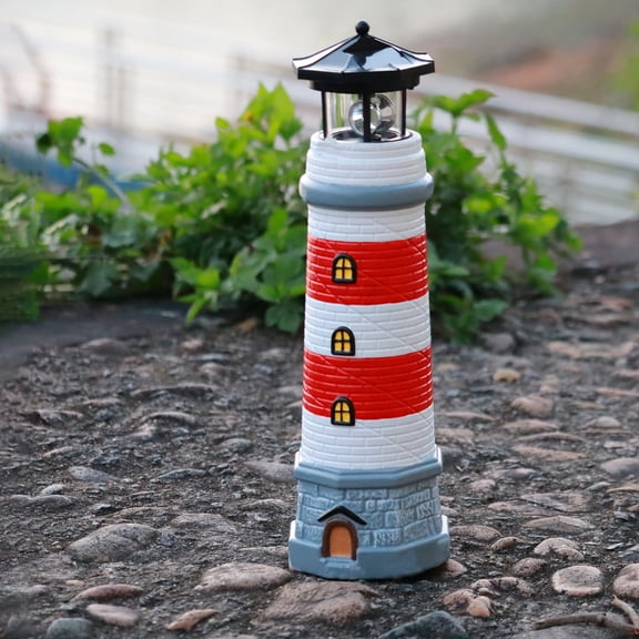 Solar Lighthouse Garden Light with Rotating LED, 14.75 in Outdoor Yard Decor, Red and Blue