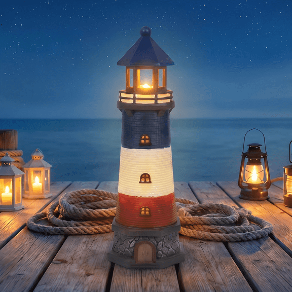 Solar Lighthouse Outdoor Garden Statue with LED Light, Waterproof Resin Lighthouse Decor for Yard Lawn Patio Pool, 12.79 Inch Coastal Lighthouse