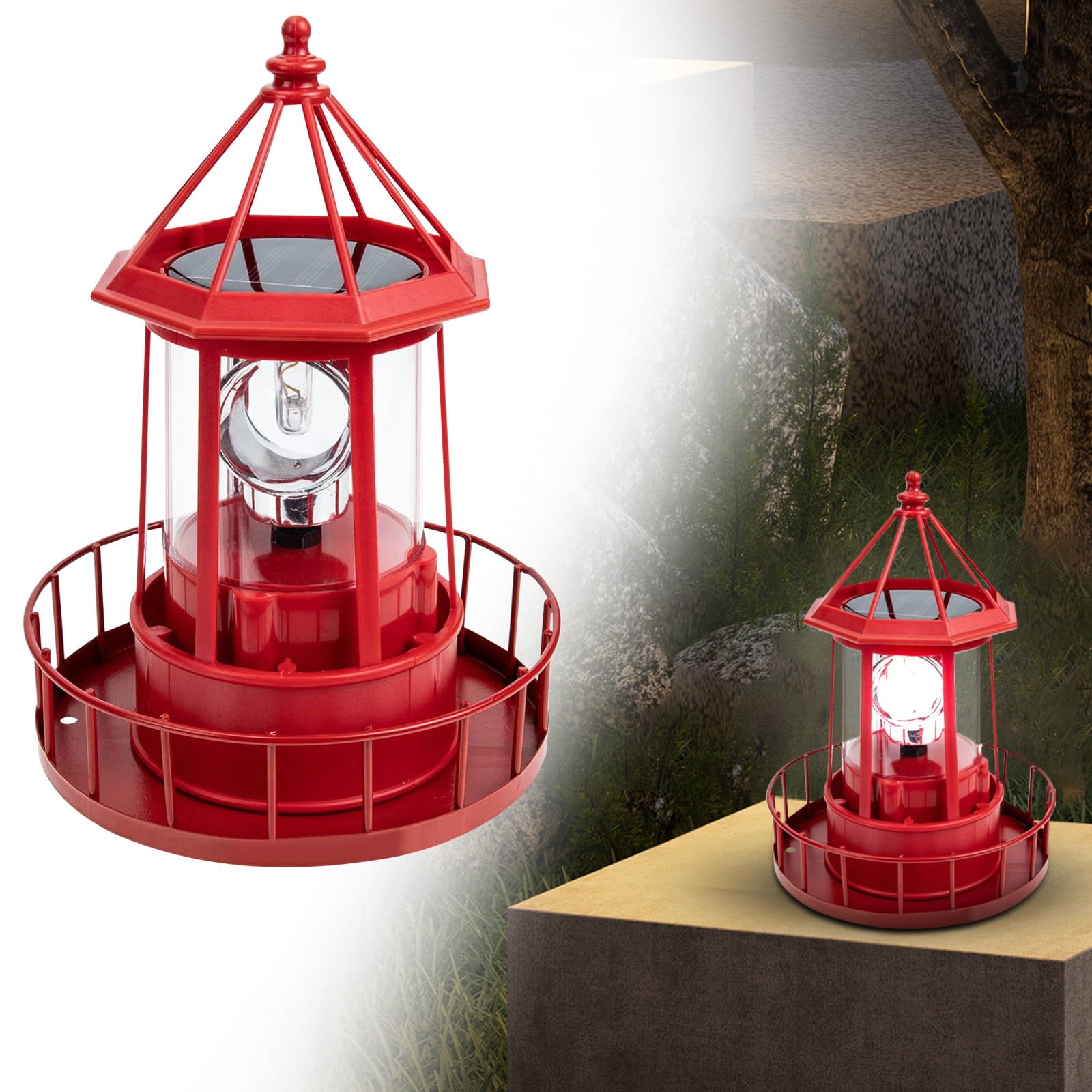 Solar Lighthouse, Rotating Outdoor Waterproof Light Beacons, 360 Degree Rotating Lamp Beacons for Lawn/Patio/Pond Decor, Red