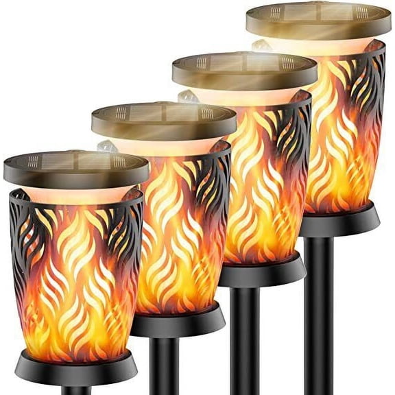 Solar Lights (4 Pack) Waterproof Pathway Lights with Flickering Flame Upgraded Detachable Outdoor Solar Landscape Lantern
