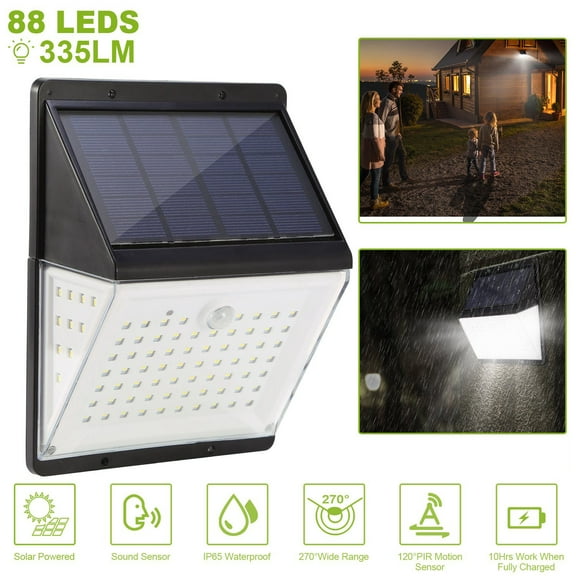 Solar Lights 88 LEDs Wall Lamps Outdoor 120 Motion Sensor Sound Control Lightings 270Illumination IP65 Waterproof w/ 2.5m Extend Wire for Garage Garden Front Door
