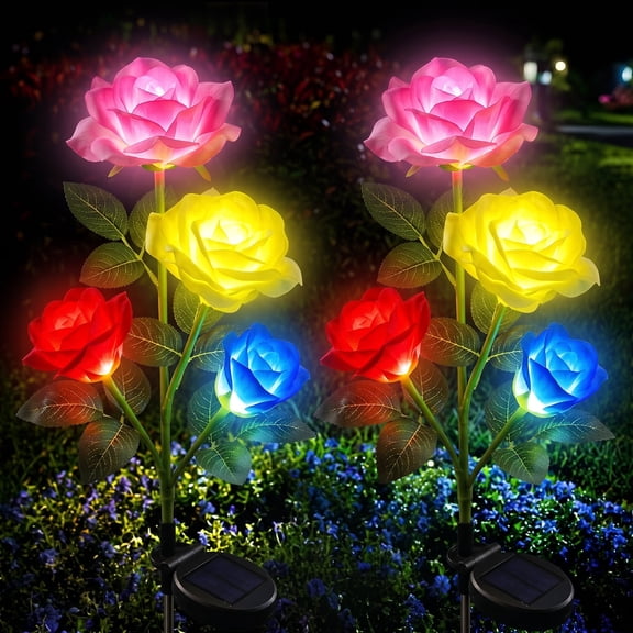 Solar Lights Outdoor, Solar Rose Flower Lights for Outside Garden Yard Pathway Decorations (4 Pack)
