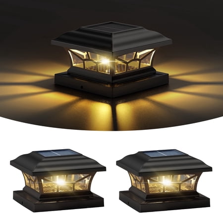 Solar Lights for Fence Post Cap Outdoor Deck 2 Pack for 4x4/5x5/6x6 Wooden/Vinyl Posts Two Light Modes LED Warm/Cool White Decor for Garden Patio. (Black, 2)