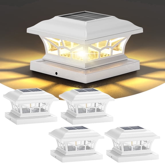 Solar Lights for Fence Post Cap Outdoor Deck 4 Pack for 4x4/5x5/6x6 Wooden/Vinyl Posts Two Light Modes LED Warm/Cool White Decor for Garden Patio. (White, 4)