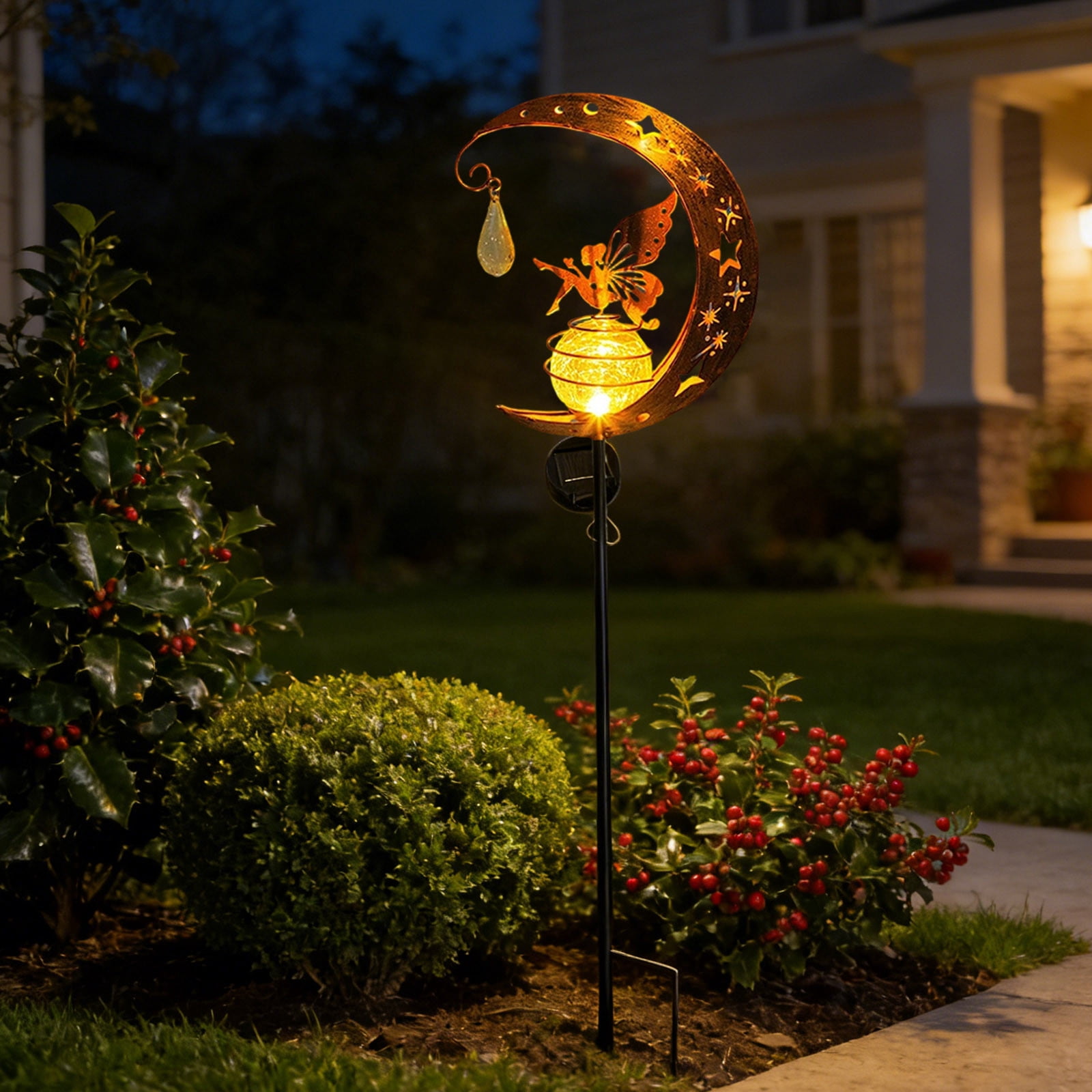 Solar Lights Garden Decorations Outdoor-Moon Fairy Lights with Crackle Glass Globe,Lawn Decorative Lights Waterproof Warm White LED, Decoration for Pathway Lawn Patio Courtyard Backyard(Moon Elf)