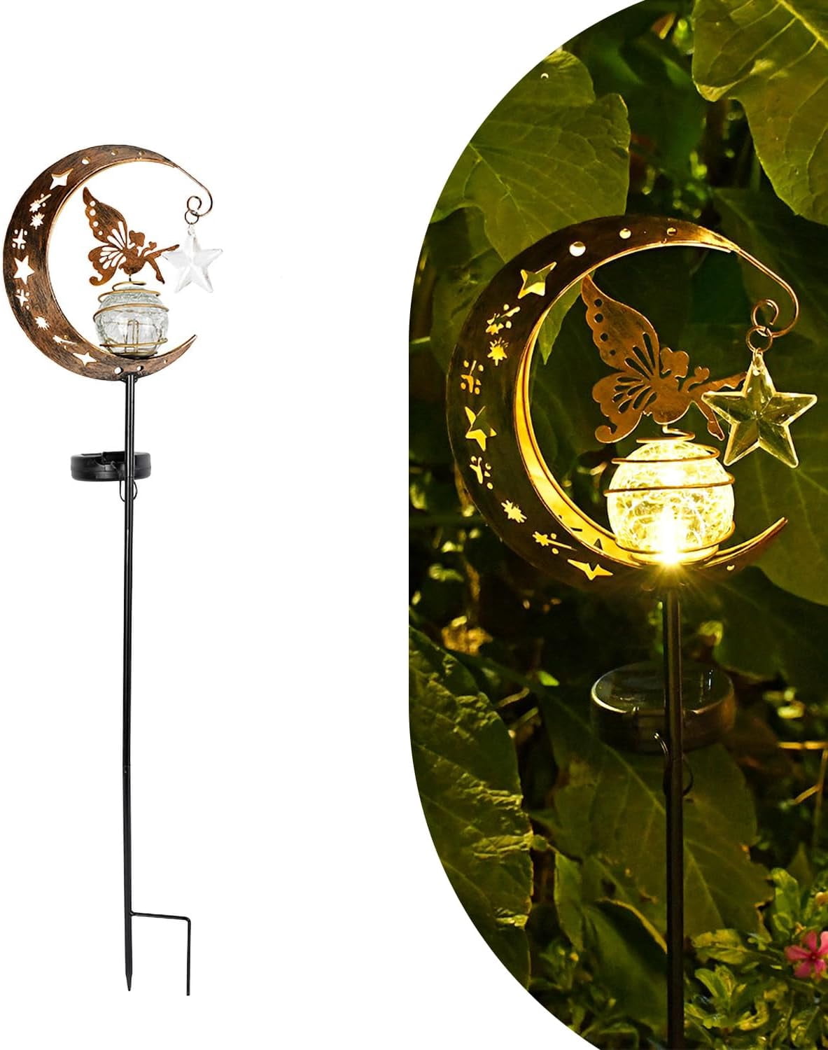Solar Lights Garden Decorations Outdoor-Moon Fairy Lights with Crackle Glass Globe,Lawn Decorative Lights Waterproof Warm White LED, Decoration for Pathway Lawn Patio Courtyard Backyard(Moon Elf)