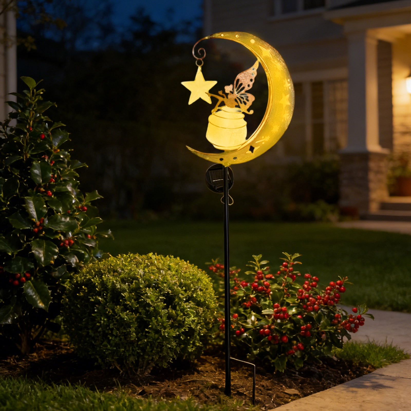 Solar Lights Garden Decorations Outdoor-Moon Fairy Lights with Crackle Glass Globe,Lawn Decorative Lights Waterproof Warm White LED, Decoration for Pathway Lawn Patio Courtyard Backyard(Moon Elf)