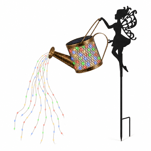 Rirool Multicolor Solar Watering Can Light, Cascading LED Strands with 23.6 in Fairy Silhouette Garden Stake, Weather-Resistant Metal Outdoor Decor for Patio, Yard, Pathway and Lawn