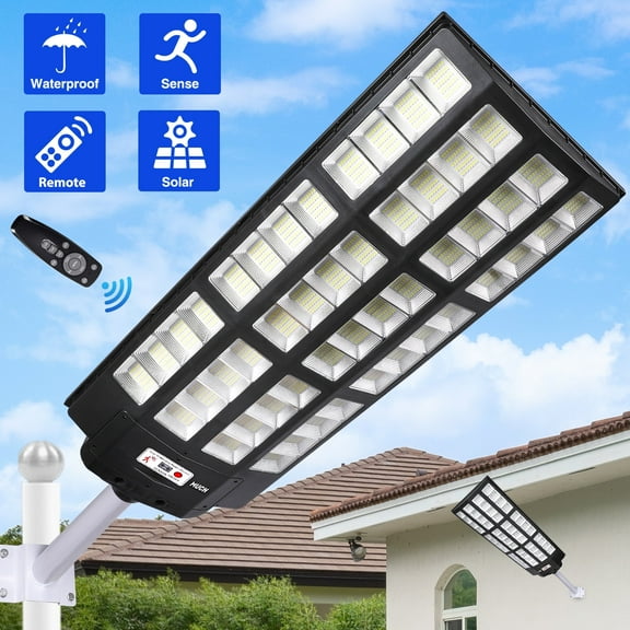 MUCH Outdoor Security Solar Lights 10000W 1680 LED , 30000mAh Powerful Solar Street Light, Motion Sensor & Dusk to Dawn, 90,000,000 Lumens Commercial Parking Lot Lights, IP67 with Remote Control