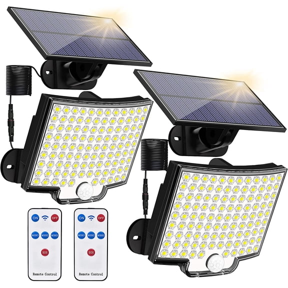Solar Lights Outdoor, 106 LED 3000LM Solar Powered Motion Sensor Flood Lights with Remote, Dusk to Dawn Led Solar Security Wall Lights with 16.5Ft Cable IP65 Waterproof for Outside, Garage, 2 Pack