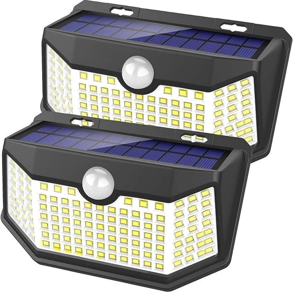 Solar Lights Outdoor 120 LED with 3 Lighting Modes, Motion Sensor Wall Lights,IP65 Waterproof Powered for Garden Patio Yard (Back Button 2Packs, Black Shell-Daylight White)