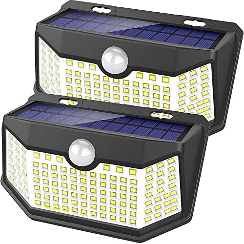 Solar Lights Outdoor 120 LED with 3 Lighting Modes, Motion Sensor Wall Lights,IP65 Waterproof Solar Powered for Garden Patio Yard (Back Button 2Packs, Black Shell-Daylight White)