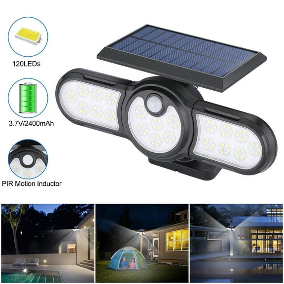 Solar Lights Outdoor 120 LED Cordless Solar Motion Sensor Lights IP65 Waterproof 3 Adjustable Heads 270 Wide Angle Illumination 140 COB Security LED Flood Light