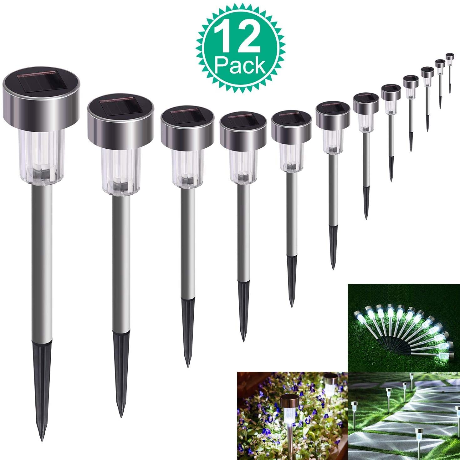 Solar Lights Outdoor, 12Pack Stainless Steel Outdoor Solar Lights - Waterproof, LED Landscape Lighting Solar Powered Outdoor Lights Solar Garden Lights for Pathway Walkway Patio Yard Lawn-Cool White - image 1 of 9