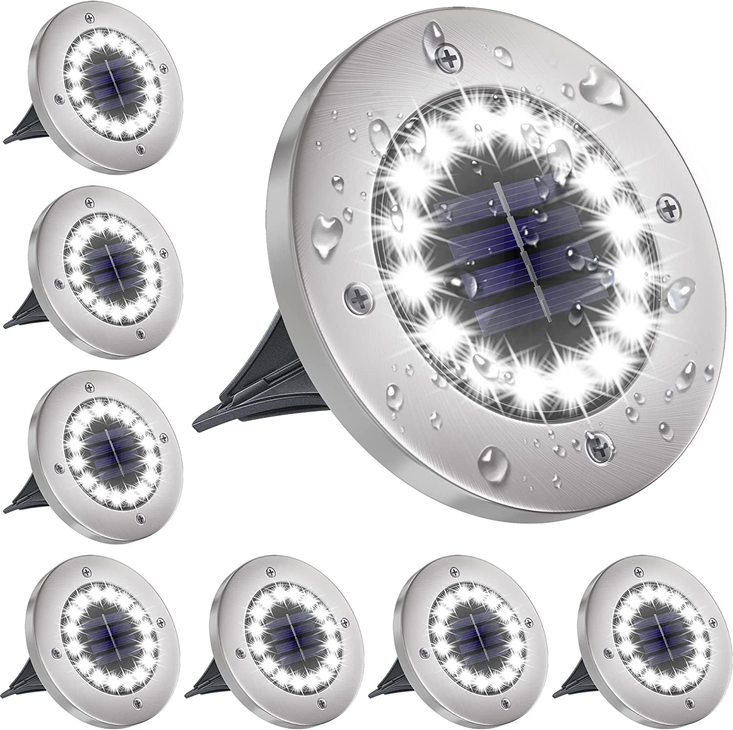 Cool White Stainless Steel LED Solar Pathway Lights, 8 Pack