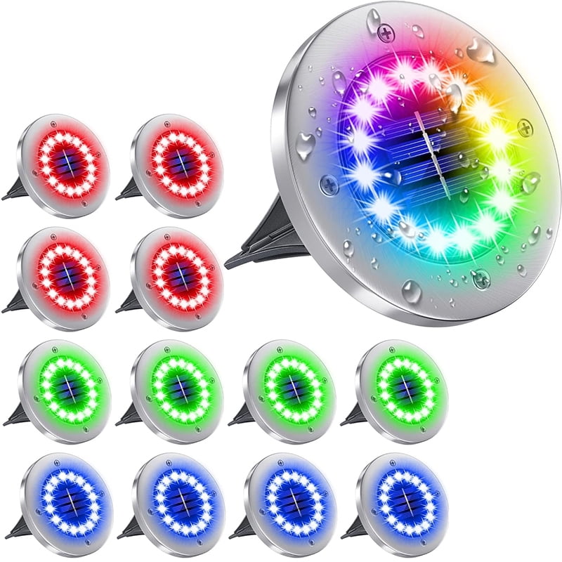 Multi-Color LED Solar Ground Lights with Stainless Steel Shell, 12 Pack