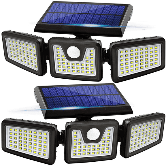 Solar Lights Outdoor, 2 Pack 74 LED 800LM Cordless LED Solar Motion Sensor Lights; 3 Adjustable Heads, 270Wide Angle Illumination, IP65 Waterproof, Security LED Flood Light(Daylight)