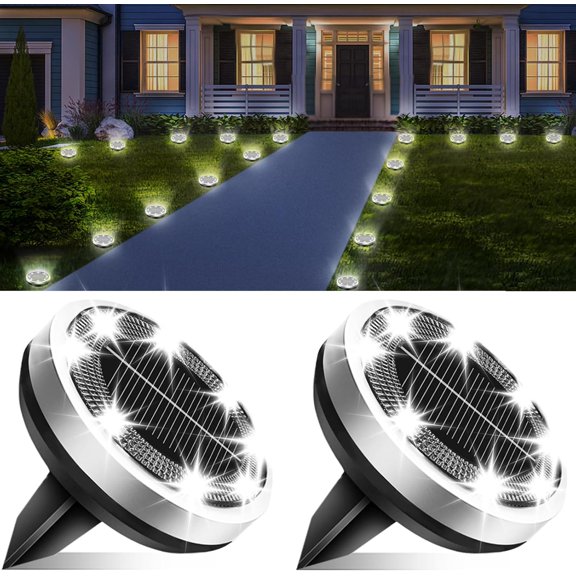Solar Lights Outdoor , 2 Pack 8 LED, Thickened Stainless Steel Ground Light, Solar Garden Lights Landscape Lighting for Patio Pathway Lawn Yard Deck Driveway Walkway, Cool White