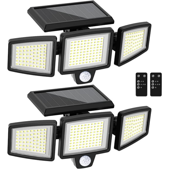 Solar Lights Outdoor -2 Pack, Motion Sensor Lights with Remote Control 3 Modes,210 LED 2500LM IP65 Waterproof, 3 Heads Security Flood Light,Wall Light for Outside Patio Garage Yard Entryways
