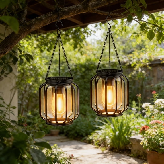 2-Pack Hanging Lanterns Ourdoor Metal Solar Powered Waterproof Lanterns with Hook Decorative Outdoor Lights,Decorative solar lights outdoor for Patio Garden Yard Pathway Holiday Decor