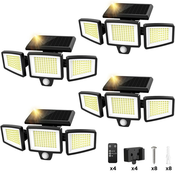 Solar Lights Outdoor - 210 LED 2500LM Waterproof Motion Sensor Security Lights with Wireless Remote Flood Lights for Patio Garage Yard Entryways, 4 Packs